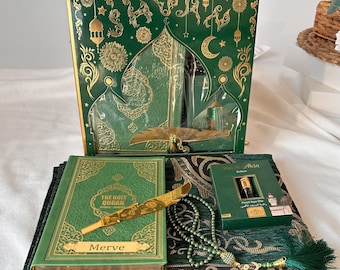 Personalized English Translated Quran Set Muslim Gift Ramadan Gift Islamic Gift, Eid, English Prayer Rug Beads Thermo Leather Cover Green