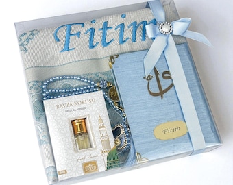 Personalized Prayer Mat, Islamic Gift Set, Prayer Rug for him, Yaseen Dua Book Tasbih Gift, Eid Gift, Ramadan Gift, Birthday Gifts, Blue