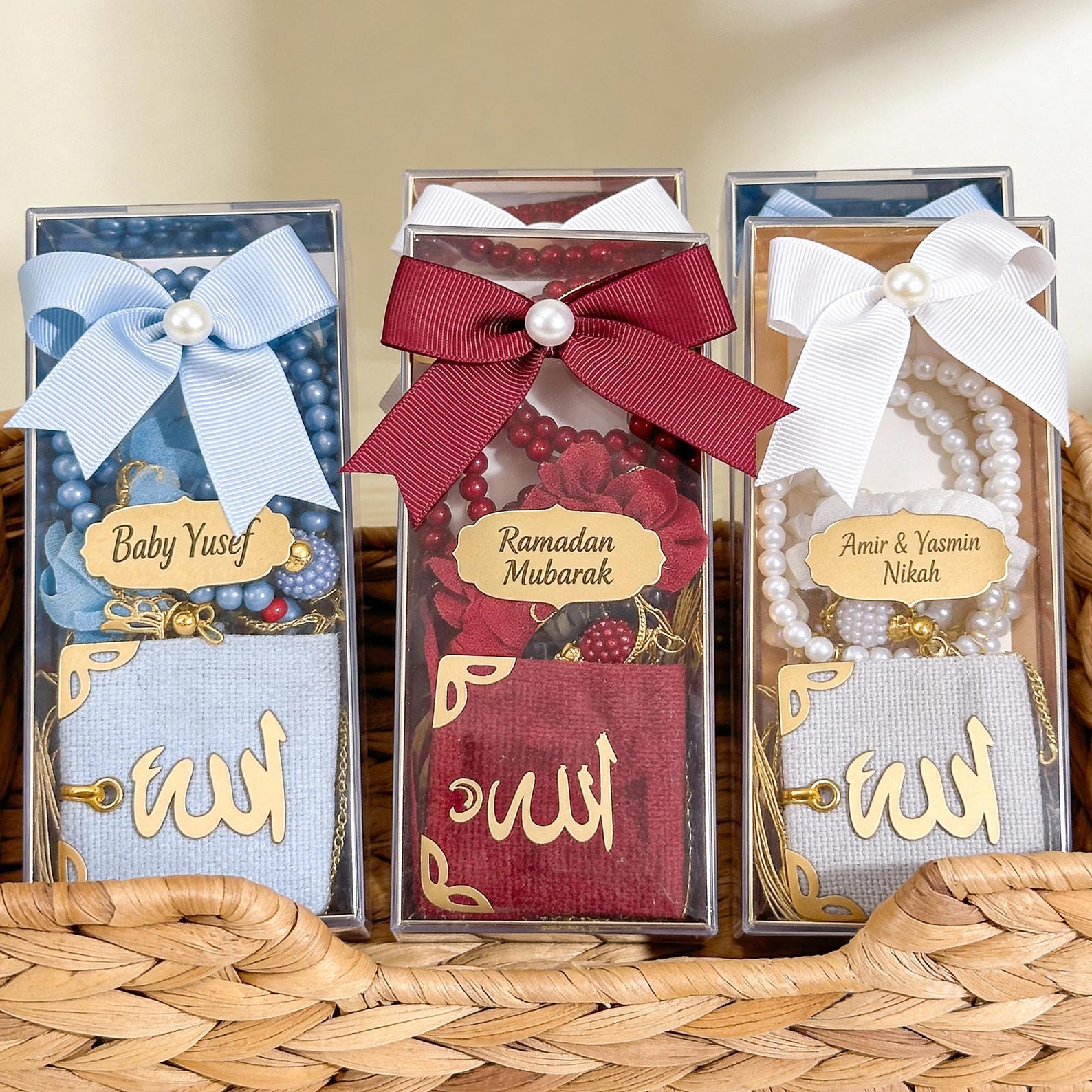 Personalized Velvet Mini Quran Gift Set with Decorative Elegant Box, Pearl Tasbeeh Counter, Eid Favor, Wedding Gift
