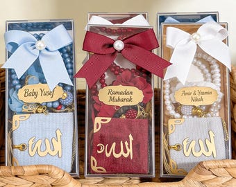 Personalized Velvet Mini Quran Gift Set with Decorative Elegant Box, Pearl Tasbeeh Counter, Eid Favor, Wedding Gift
