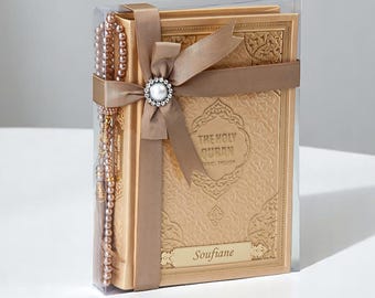 Personalized English Translated Quran Set Quran Translation in English Muslim Gift Islamic Gift, Eid Thermo Leather Cover Wedding Gift Gold