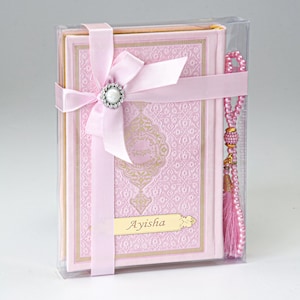 Personalized Quran Gift Set with Name Tag, Prayer Beads Included, Islamic Gift for Her, Medina Script, Luxury Wrapped Quran