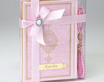 Personalized Quran Gift Set with Name Tag, Prayer Beads Included, Islamic Gift for Her, Medina Script, Luxury Wrapped Quran