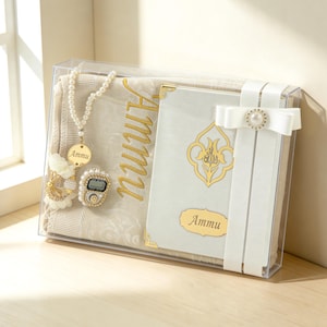 Personalized Islamic Gift Set, Prayer Mat, Yaseen Book, Tasbih White