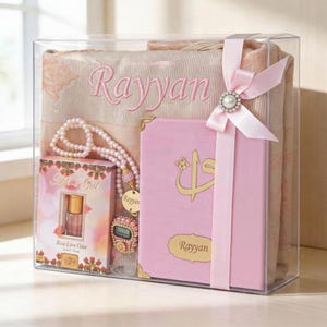 Gepersonaliseerde islamitische cadeauset, gebedskleed, Yaseen-boek, Tasbih