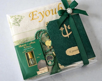 Personalisierte Gebetsteppich, Islamisches Geschenkset, Gebetsteppich für Ihn, Yaseen Dua Buch Tasbih Geschenk, Eid Geschenk, Ramadan Geschenk, Geburtstagsgeschenke, Grün