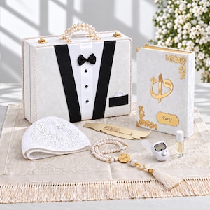 Personalized Islamic Wedding Gift Set for Groom White Velvet Quran Eid Gift Prayer Mat and Keepsake Chest White