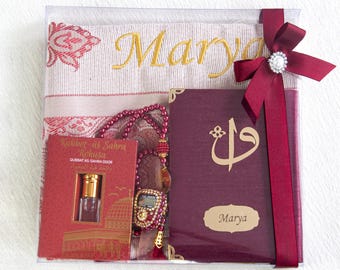 Personalized Prayer Mat, Islamic Gift Set, Yaseen Dua Book, Tasbih, Digital Counter & Perfume | Eid, Ramadan, Hajj, Umrah Gift Red