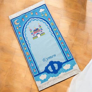 Personalisierter gestickter Kinder Gebetsteppich für Kinder Set mit Rosenkranz Islamisches Geschenk Eid Geschenk Ramadan Geschenk Geburtstagsgeschenk für Kinder Blau
