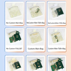 May include: An image showcasing various sets of prayer mats and accessories, each packaged in a clear bag. The sets include mats, prayer beads, and other items, with options for customization. Text at the top reads "PLEASE CHECK OPTIONS BEFORE ORDERING."