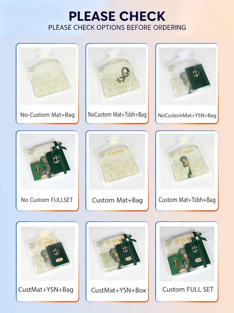 May include: An image showcasing various sets of prayer mats and accessories, each packaged in a clear bag. The sets include mats, prayer beads, and other items, with options for customization. Text at the top reads "PLEASE CHECK OPTIONS BEFORE ORDERING."