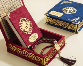 Coffret cadeau personnalisé Coran, Coran en boîte velours élégant, Nom personnalisé Coran arabe, Perles de prière, Cadeau de mariage islamique, Cadeau Nikkah et Eid