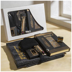 Personalized Islamic Prayer Gift Set: Quran, Prayer Rug, Beads, Kufi Hat