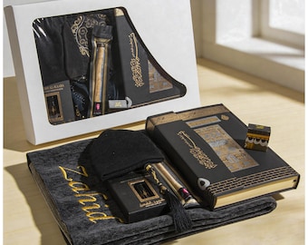 Personalized Islamic Prayer Gift Set: Quran, Prayer Rug, Beads, Kufi Hat