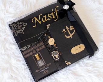 Personalized Prayer Mat, Islamic Gift Set, Prayer Rug for him, Yaseen Dua Book Tasbih Gift, Eid Gift, Ramadan Gift, Birthday Gifts, Black