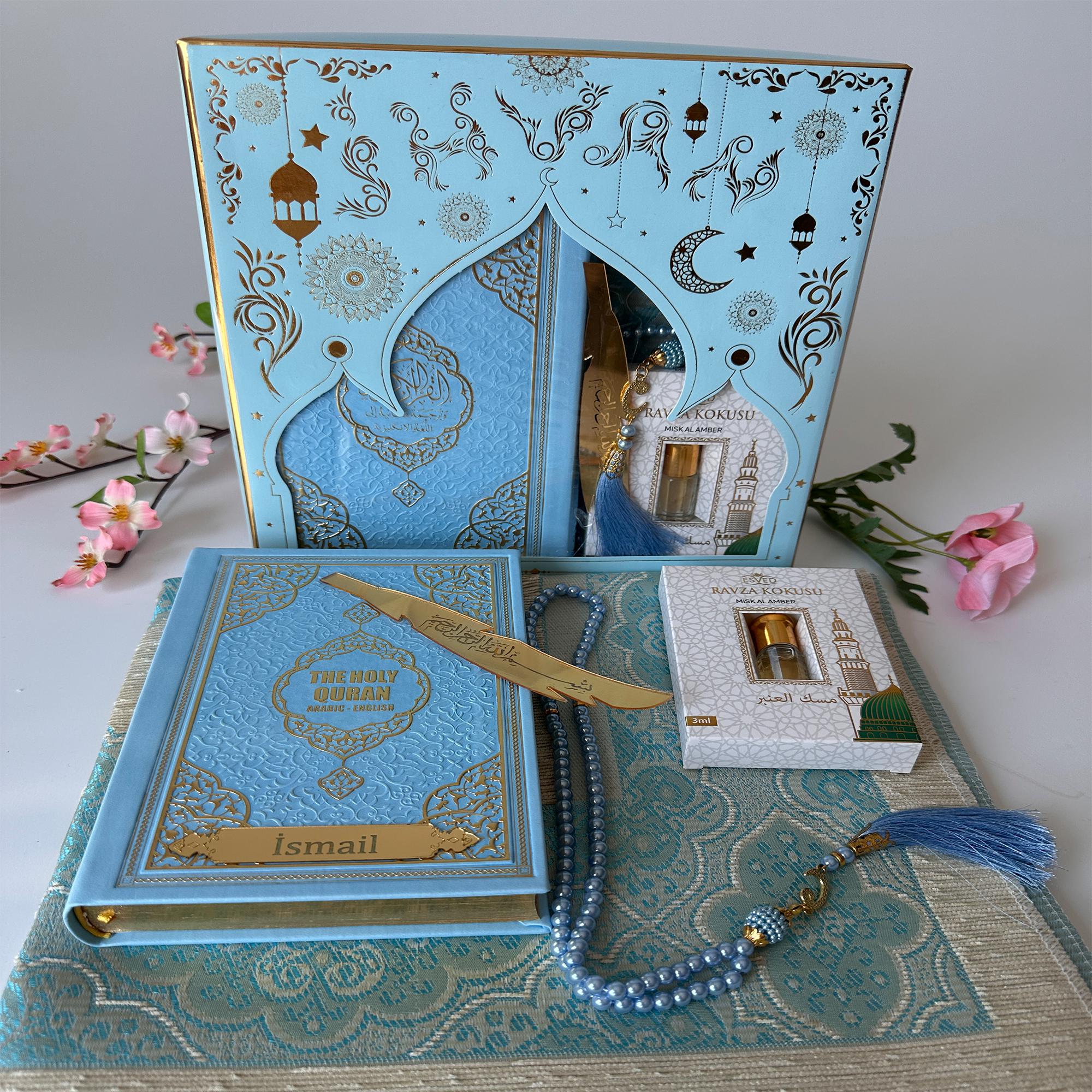 Personalized English Translated Quran Set Muslim Gift Ramadan Gift Islamic Gift, Eid, English Prayer Rug Beads Thermo Leather Cover Blue