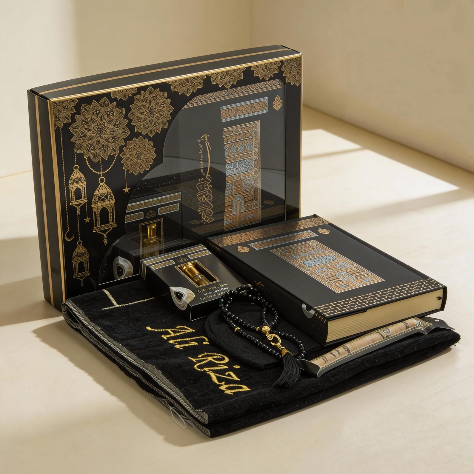 Personalized Islamic Prayer Gift Set: Kaaba Quran, Prayer Rug, Beads, Kufi Hat Black