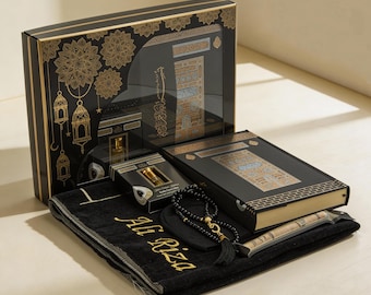Islamisches Gebetsgeschenk Set: Kaaba Koran, Gebetsteppich, Perlen, Kufi Hut Schwarz