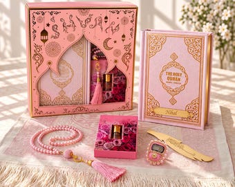Personalized English Quran Prayer Rug Set Muslim Gift Ramadan Islamic Gift Eid Gift Prayer Rug Beads Thermo Leather Cover Pink Gold Gradient