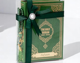 Personalized English Translated Quran Set Quran Translation in English Muslim Gift Islamic Gift, Eid Thermo Leather Cover Wedding Gift Green