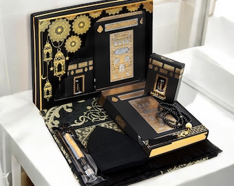 Personalisierte Luxus Islamisches Gebet Geschenk Box Koran Gebet Perlen Kundengerechte Gebetsmatte mit Kaaba Design Essance Solid Scent Miswak Kufi Hut