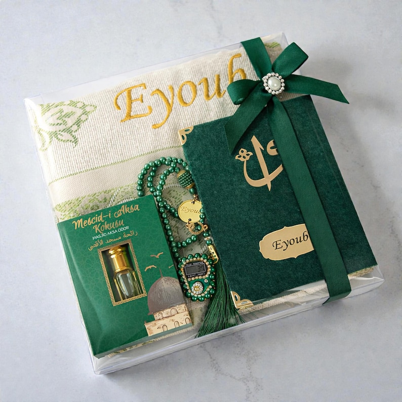 Personalized Prayer Mat, Islamic Gift Set, Yaseen Dua Book, Tasbih, Digital Counter & Perfume | Eid, Ramadan, Hajj, Umrah Gift Green