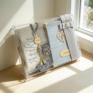 Personalized Islamic Gift Set, Prayer Mat, Yaseen Book, Tasbih Gray