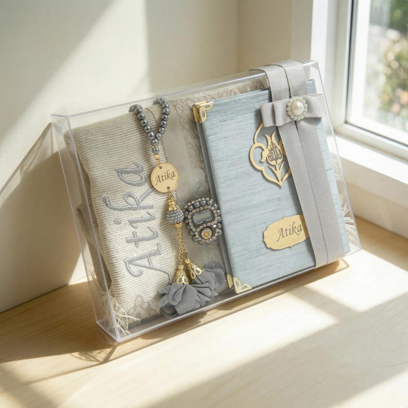 Personalized Islamic Gift Set, Prayer Mat, Yaseen Book, Tasbih Gray