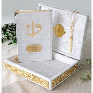 Personalisiertes Heiliges Quran-Set mit mit Samt bedeckter Box Islamisches Geschenkset Muslimisches Geschenk Islamisches Hochzeitsgeschenk Geburtstagsgeschenk Umrah Eid Geschenk Weiß