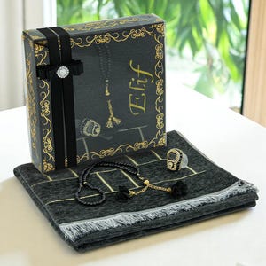 Moederdagcadeau in doos gepersonaliseerd gebedskleed rozenkrans vingerteller islamitische cadeauset huwelijkscadeau eid cadeau cadeau voor haar zwart