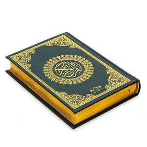 May include: A hardcover book with a dark teal cover and gold gilded edges. The cover features ornate gold filigree and a central circular emblem. The book's spine is black, and the pages are gold. The book is set against a white background.