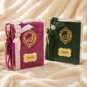 Personalisierte Samt Koran Geschenkset mit Tasbeeh, Taschengröße Madinah Script Koran, Islamisches Geschenk, Eid, Hochzeitsgeschenk Rosa