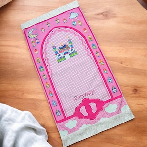 Personalisierter gestickter Kinder Gebetsteppich für Kinder Set mit Rosenkranz Islamisches Geschenk Eid Geschenk Ramadan Geschenk Geburtstagsgeschenk für Kinder Rosa