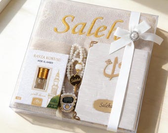 Personalized Prayer Mat, Islamic Gift Set, Yaseen Dua Book, Tasbih, Digital Counter & Perfume | Eid, Ramadan, Hajj, Umrah Gift White