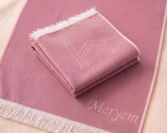 Personalisierte Samt Gebetsmatte und Tasbeeh Set, Islamisches Geschenk, Kaaba Motiv Teppich
