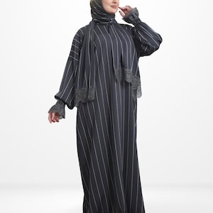 One-Piece Prayer Set Dress & Abaya with attached Hijab - Striped Crepe