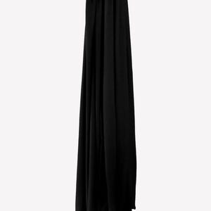 May include: A black scarf hanging against a white background.