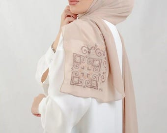 Tatreez Embroidered Hijab | Hebron - Dark Beige
