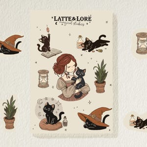 May include: A set of "Latte & Lore Magical Stickers" with illustrations of a witch, black cats, a witch's hat, an hourglass, potion bottles, and a potted plant. The stickers have a soft colour palette with beige, brown, and black.