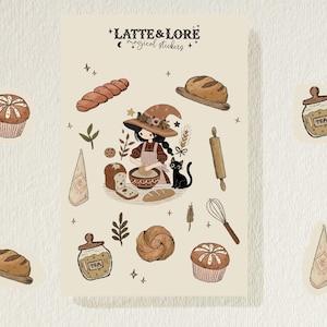 May include: A sheet of stickers featuring a witch baking bread with a black cat, a variety of breads and pastries, and jars of tea. The stickers are labeled "Latte & Lore magical stickers".