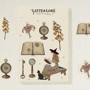 May include: A set of "Latte & Lore" magical stickers. The illustrations include a witch reading, a black cat, compasses, keys, magnifying glasses, flowers, and open books. The stickers have a vintage, hand-drawn style with a beige background.