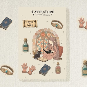 以下が含まれることがあります： 「Latte & Lore」の魔法のステッカーのコレクション。ステッカーには、本を読む女の子、黒猫、本、ポーションボトル、王冠、手袋が含まれています。ステッカーはベージュ、茶色、青、金の色合いです。