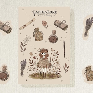 May include: A collection of stickers with a magical theme. The stickers include a fairy, potion bottles, scrolls, and bundles of herbs. The text "LATTE & LORE magical stickers" is at the top of the image. The color palette is primarily brown and beige.