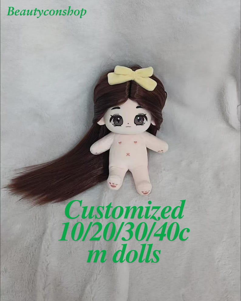 May include: A brown haired doll with a yellow bow in her hair. The doll is wearing a nude colored outfit and has a sweet expression on her face. The doll is 10/20/30/40 cm tall.  The text "Customized 10/20/30/40c m dolls" is written below the doll.