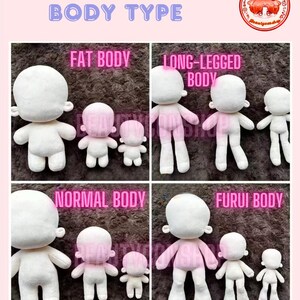 May include: Four different body types for cotton dolls are shown. The dolls are all white and have no facial features. The body types are: Fat Body, Long-Legged Body, Normal Body, and Furui Body.