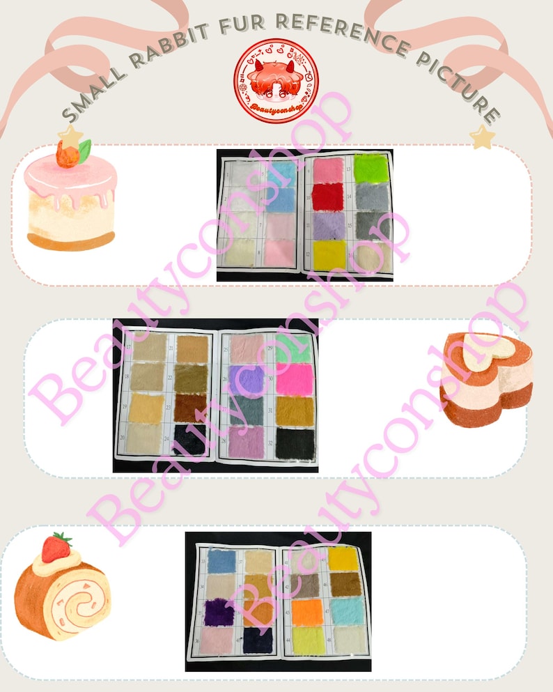 May include: A collection of fabric swatches in various colors and textures. The swatches are arranged in rows and columns on a white background. The swatches are labeled with numbers. The fabric swatches are for use in making small rabbit fur items.