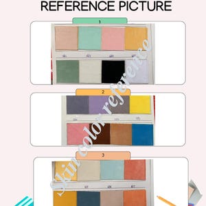 May include: A chart with three rows of color swatches labeled 1, 2, and 3. Each row has four color swatches with numbers below each swatch. The swatches are different shades of skin tones.