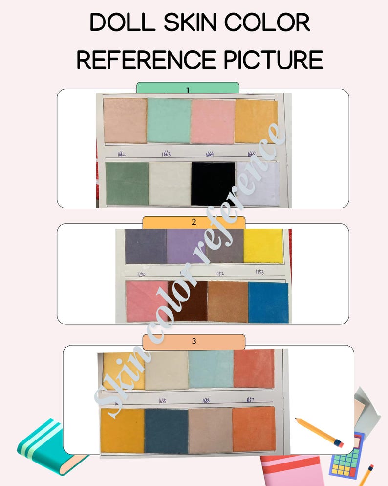May include: A chart with three rows of color swatches labeled 1, 2, and 3. Each row has four color swatches with numbers below each swatch. The swatches are different shades of skin tones.