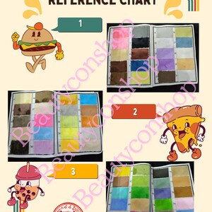May include: General hair color reference chart with three pages of color swatches. The first page has 16 swatches in shades of brown, black, gray, pink, purple, and beige. The second page has 16 swatches in shades of brown, gray, yellow, blue, and pink. The third page has 16 swatches in shades of brown, green, blue, pink, and beige.