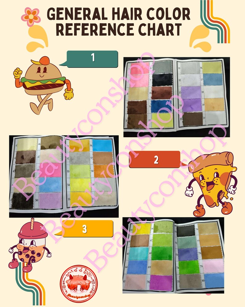 May include: General hair color reference chart with three pages of color swatches. The first page has 16 swatches in shades of brown, black, gray, pink, purple, and beige. The second page has 16 swatches in shades of brown, gray, yellow, blue, and pink. The third page has 16 swatches in shades of brown, green, blue, pink, and beige.